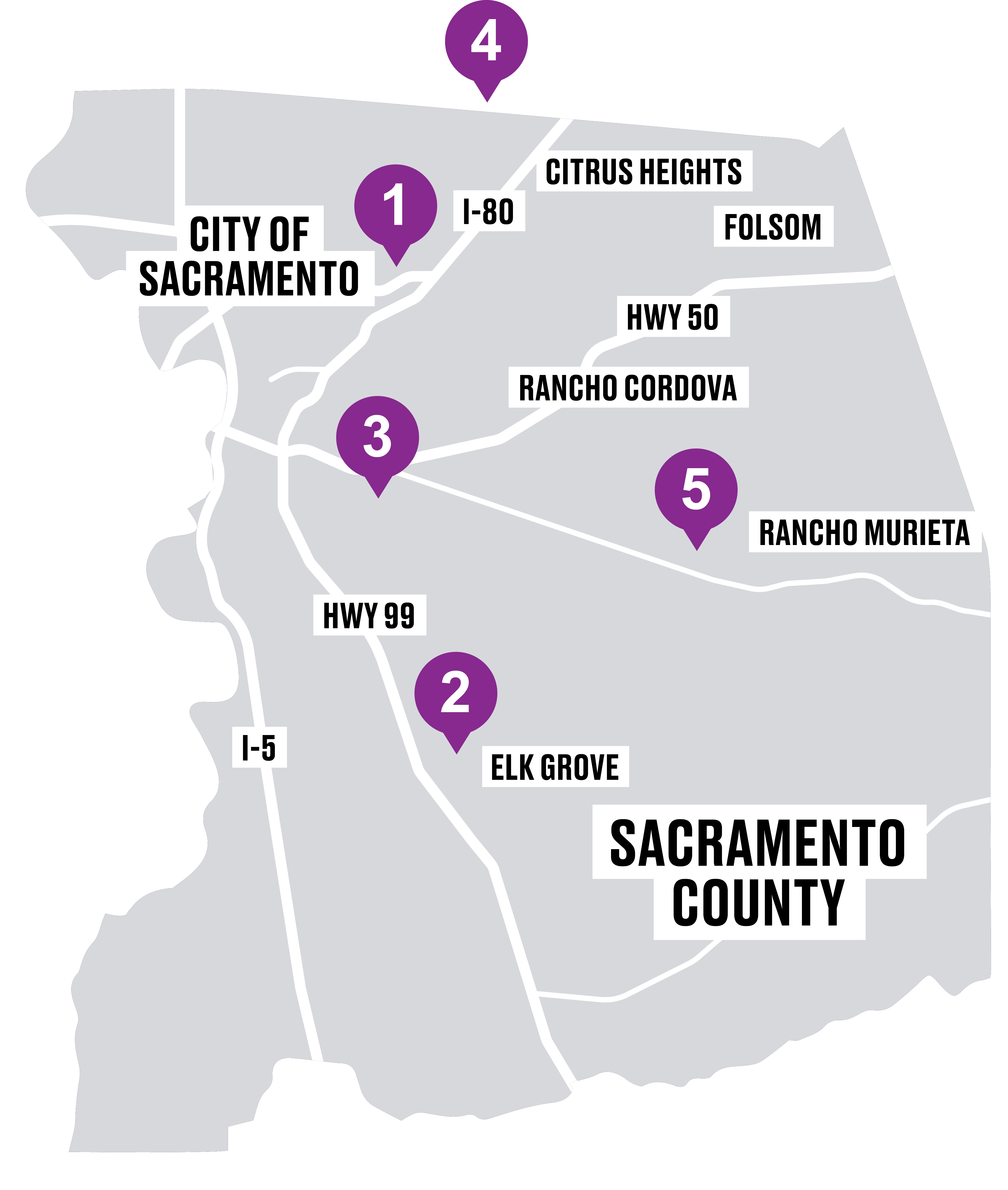 Map of Sacramento County showing the locations of five household hazardous waste drop-off facilities.